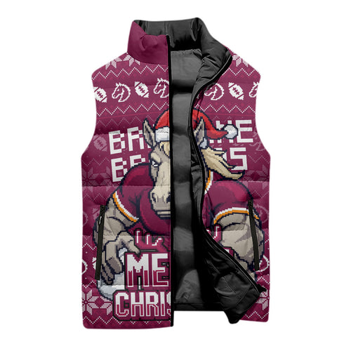 Personalized Brisbane Broncos Christmas Sleeveless Puffer Jacket Australian Rugby Fans - Pixelated Ugly Xmas Pattern Mascot Santa