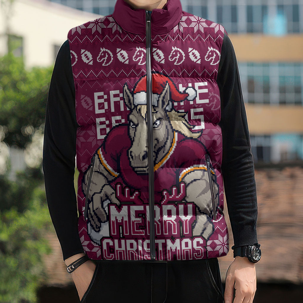 Personalized Brisbane Broncos Christmas Sleeveless Puffer Jacket Australian Rugby Fans - Pixelated Ugly Xmas Pattern Mascot Santa