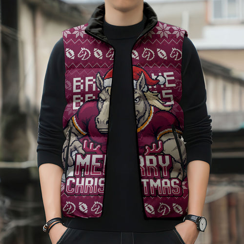 Personalized Brisbane Broncos Christmas Sleeveless Puffer Jacket Australian Rugby Fans - Pixelated Ugly Xmas Pattern Mascot Santa