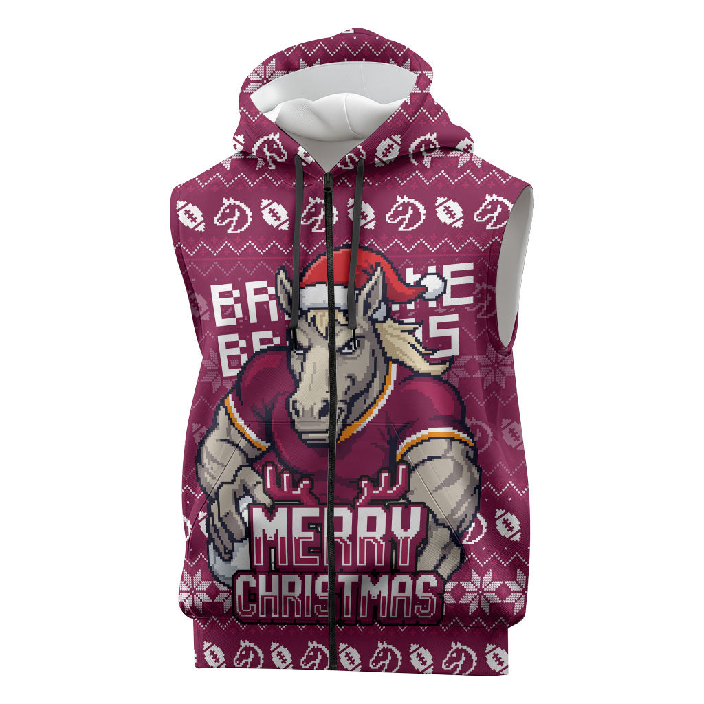 Personalized Brisbane Broncos Christmas Sleeveless Zip Hoodie Australian Rugby Fans - Pixelated Ugly Xmas Pattern Mascot Santa