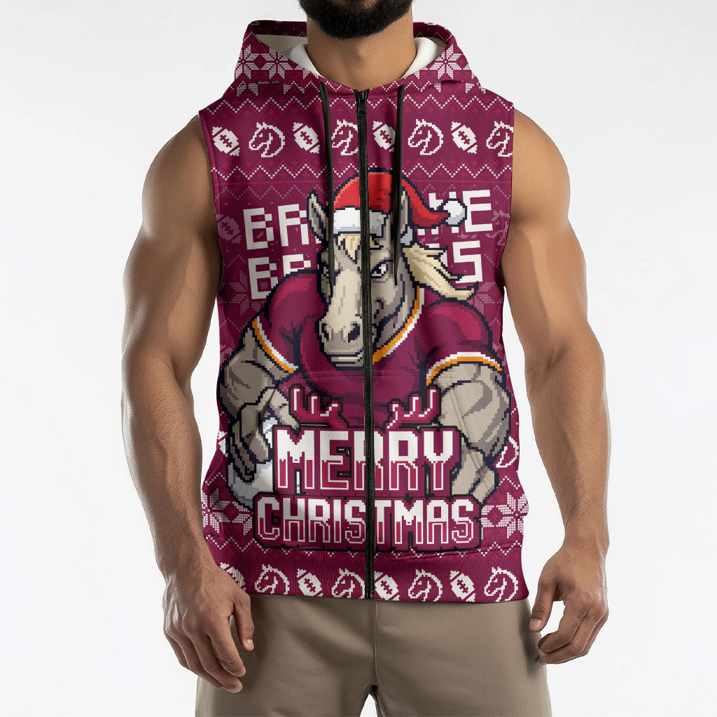 Personalized Brisbane Broncos Christmas Sleeveless Zip Hoodie Australian Rugby Fans - Pixelated Ugly Xmas Pattern Mascot Santa