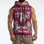 Personalized Brisbane Broncos Christmas Sleeveless Zip Hoodie Australian Rugby Fans - Pixelated Ugly Xmas Pattern Mascot Santa