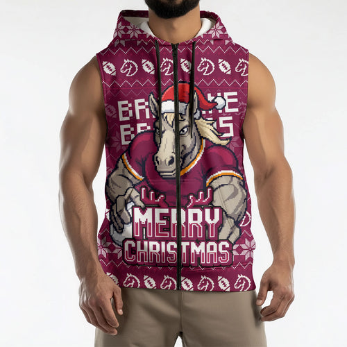 Personalized Brisbane Broncos Christmas Sleeveless Zip Hoodie Australian Rugby Fans - Pixelated Ugly Xmas Pattern Mascot Santa