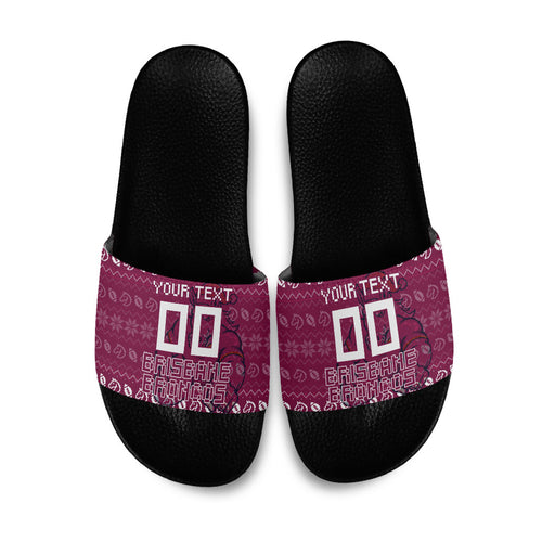 Personalized Brisbane Broncos Christmas Slide Sandals Australian Rugby Fans - Pixelated Ugly Xmas Pattern Mascot Santa