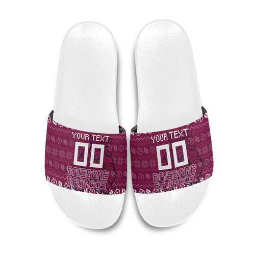 Personalized Brisbane Broncos Christmas Slide Sandals Australian Rugby Fans - Pixelated Ugly Xmas Pattern Mascot Santa