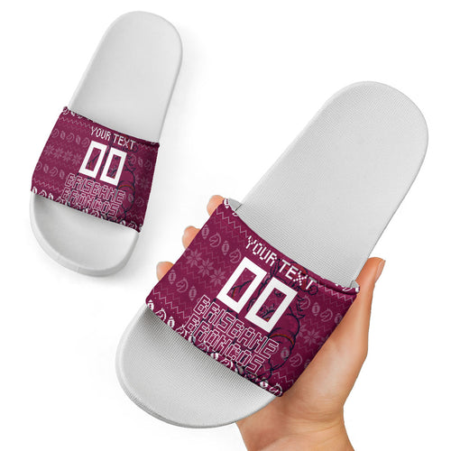 Personalized Brisbane Broncos Christmas Slide Sandals Australian Rugby Fans - Pixelated Ugly Xmas Pattern Mascot Santa
