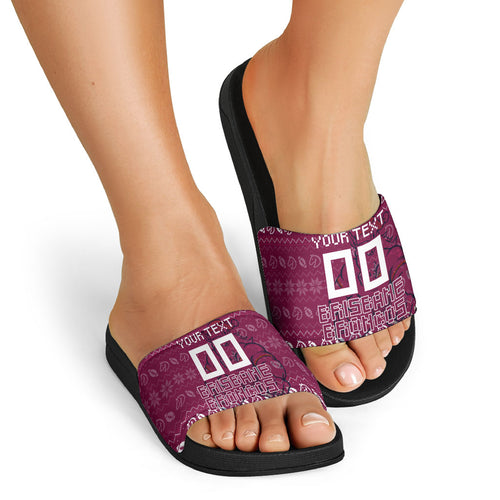 Personalized Brisbane Broncos Christmas Slide Sandals Australian Rugby Fans - Pixelated Ugly Xmas Pattern Mascot Santa