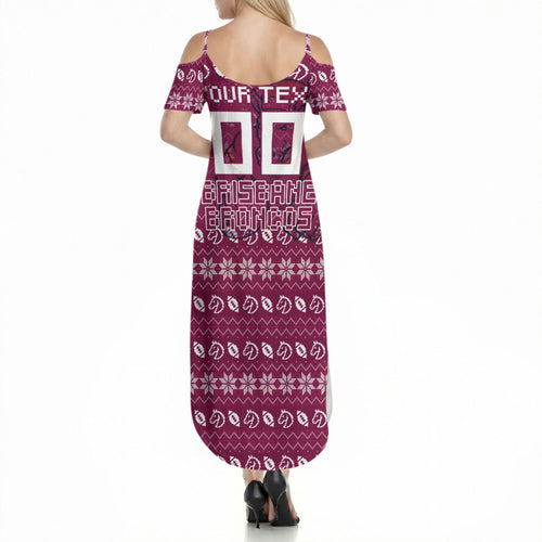 Personalized Brisbane Broncos Christmas Summer Maxi Dress Australian Rugby Fans - Pixelated Ugly Xmas Pattern Mascot Santa