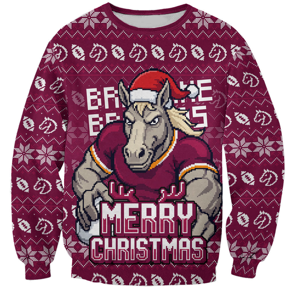 Personalized Brisbane Broncos Christmas Sweatshirt Australian Rugby Fans - Pixelated Ugly Xmas Pattern Mascot Santa