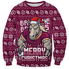 Personalized Brisbane Broncos Christmas Sweatshirt Australian Rugby Fans - Pixelated Ugly Xmas Pattern Mascot Santa