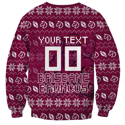 Personalized Brisbane Broncos Christmas Sweatshirt Australian Rugby Fans - Pixelated Ugly Xmas Pattern Mascot Santa