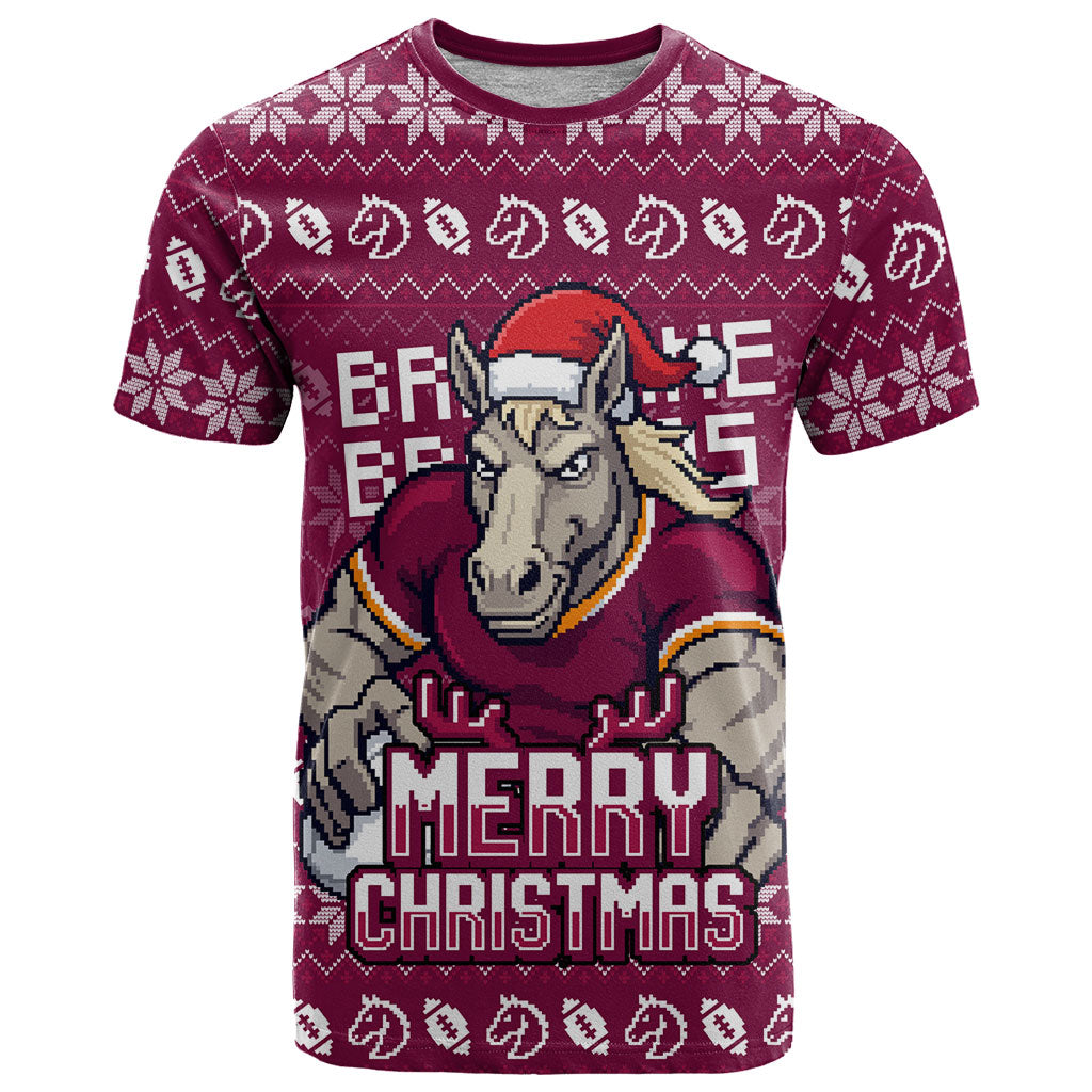 Personalized Brisbane Broncos Christmas T Shirt Australian Rugby Fans - Pixelated Ugly Xmas Pattern Mascot Santa