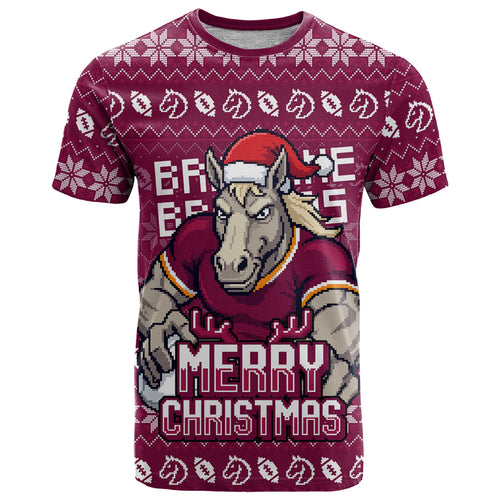 Personalized Brisbane Broncos Christmas T Shirt Australian Rugby Fans - Pixelated Ugly Xmas Pattern Mascot Santa