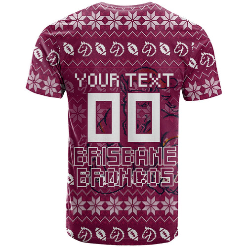 Personalized Brisbane Broncos Christmas T Shirt Australian Rugby Fans - Pixelated Ugly Xmas Pattern Mascot Santa