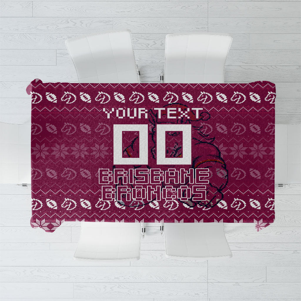 Personalized Brisbane Broncos Christmas Tablecloth Australian Rugby Fans - Pixelated Ugly Xmas Pattern Mascot Santa