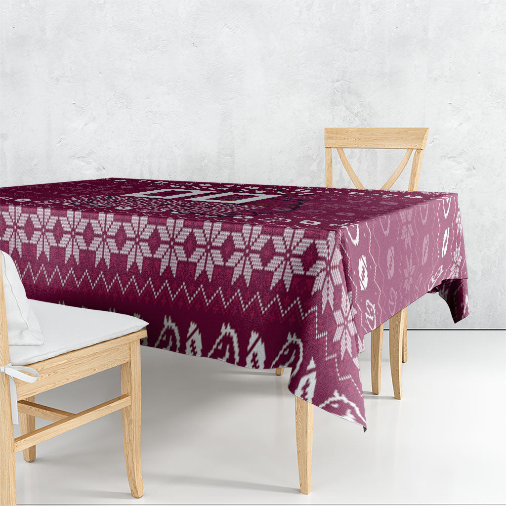 Personalized Brisbane Broncos Christmas Tablecloth Australian Rugby Fans - Pixelated Ugly Xmas Pattern Mascot Santa