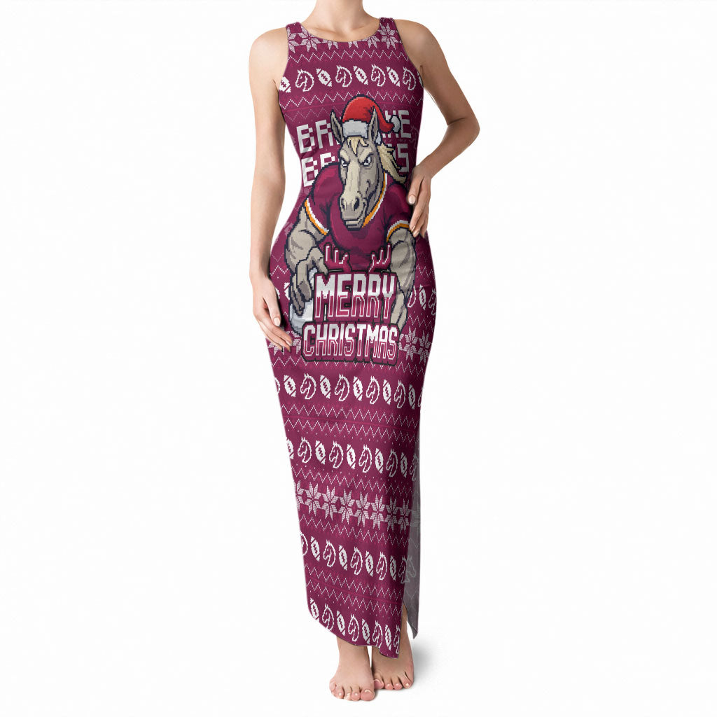 Personalized Brisbane Broncos Christmas Tank Maxi Dress Australian Rugby Fans - Pixelated Ugly Xmas Pattern Mascot Santa