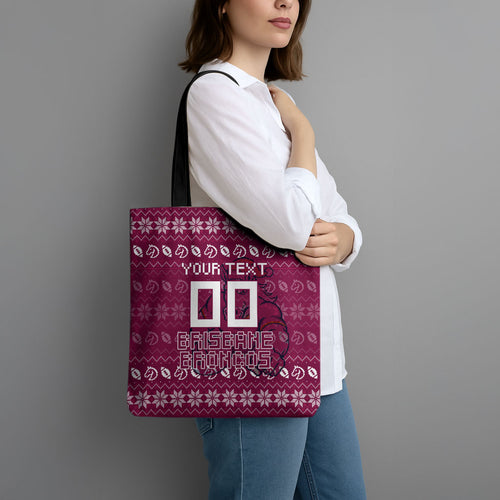 Personalized Brisbane Broncos Christmas Tote Bag Australian Rugby Fans - Pixelated Ugly Xmas Pattern Mascot Santa