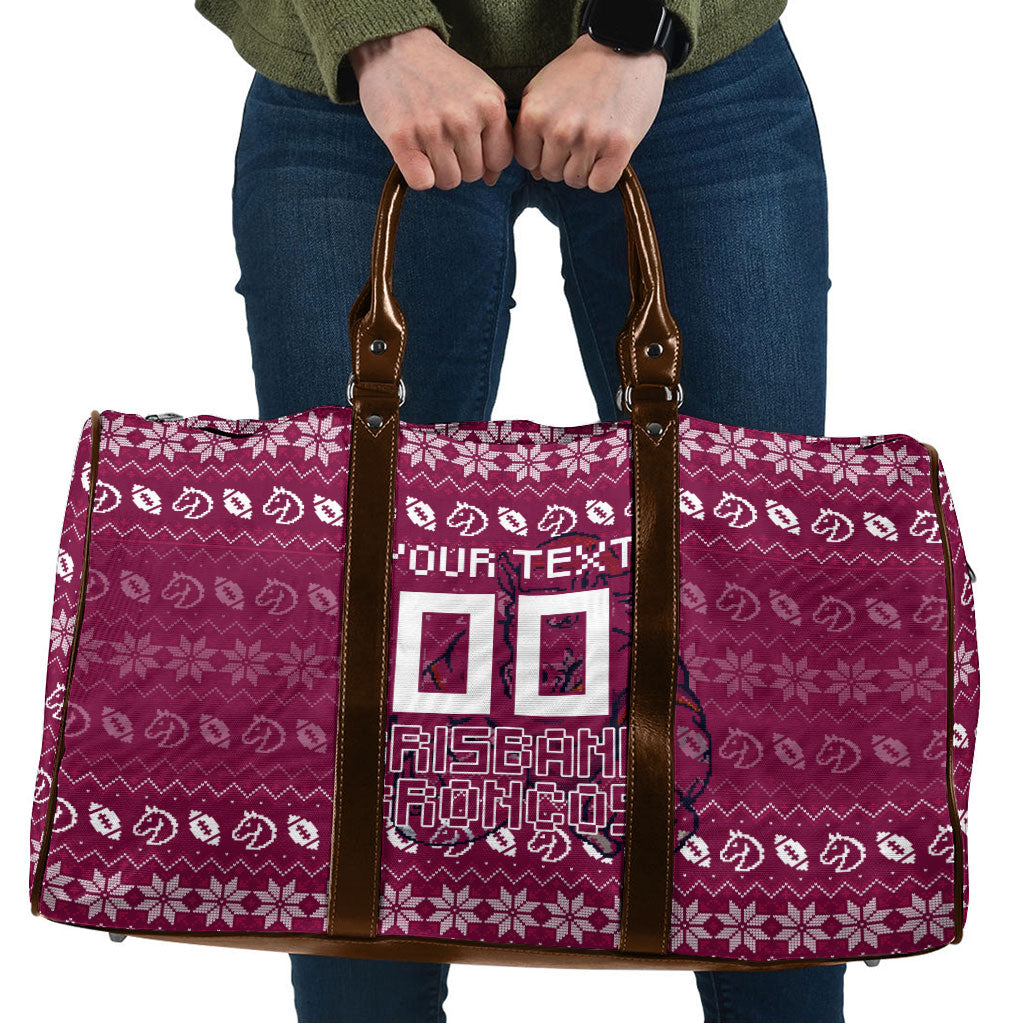 Personalized Brisbane Broncos Christmas Travel Bag Australian Rugby Fans - Pixelated Ugly Xmas Pattern Mascot Santa
