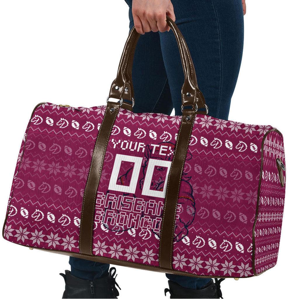 Personalized Brisbane Broncos Christmas Travel Bag Australian Rugby Fans - Pixelated Ugly Xmas Pattern Mascot Santa