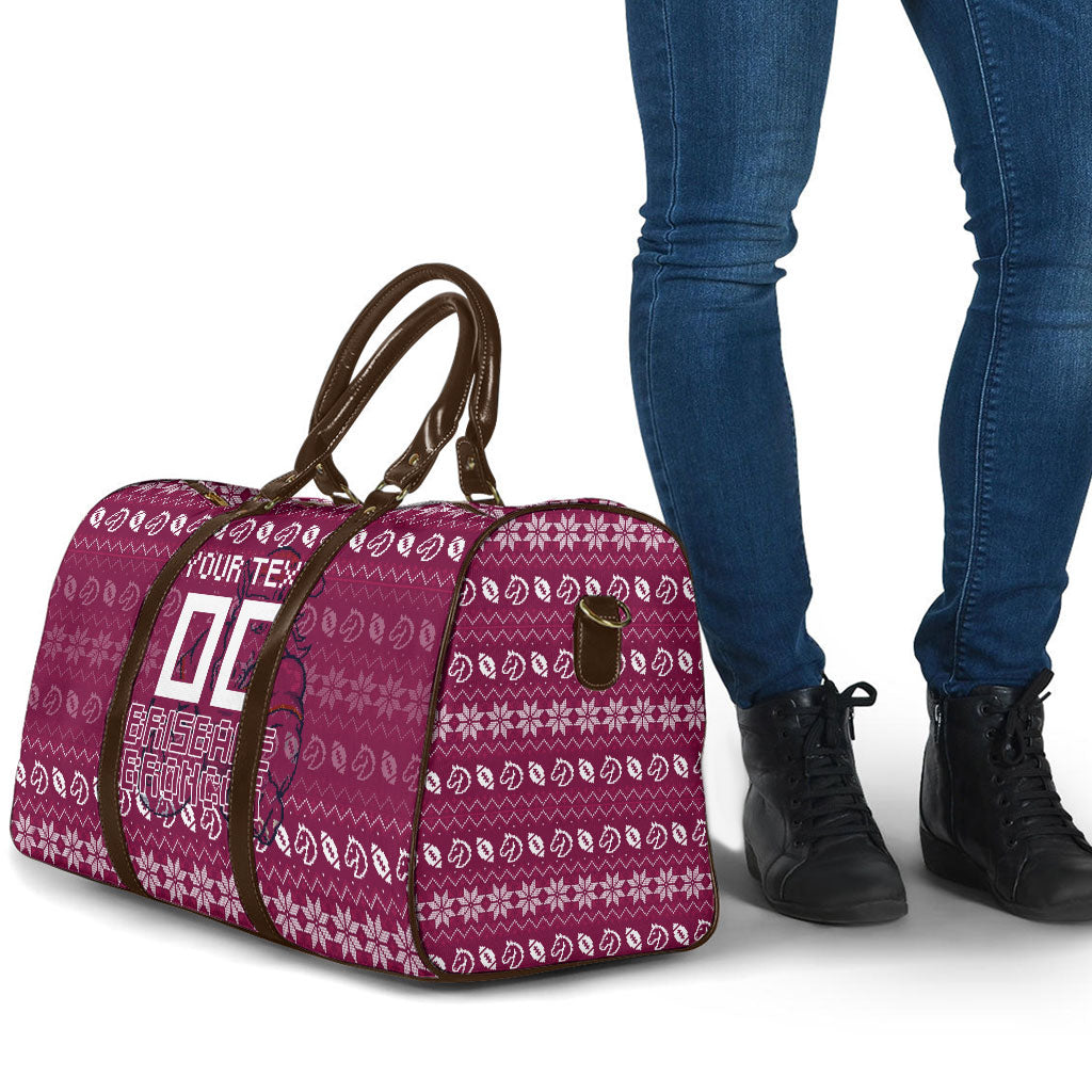 Personalized Brisbane Broncos Christmas Travel Bag Australian Rugby Fans - Pixelated Ugly Xmas Pattern Mascot Santa