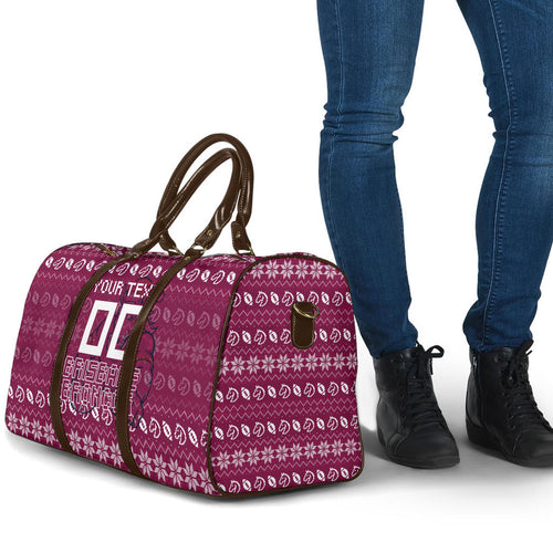 Personalized Brisbane Broncos Christmas Travel Bag Australian Rugby Fans - Pixelated Ugly Xmas Pattern Mascot Santa