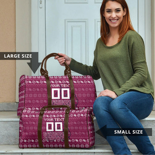 Personalized Brisbane Broncos Christmas Travel Bag Australian Rugby Fans - Pixelated Ugly Xmas Pattern Mascot Santa