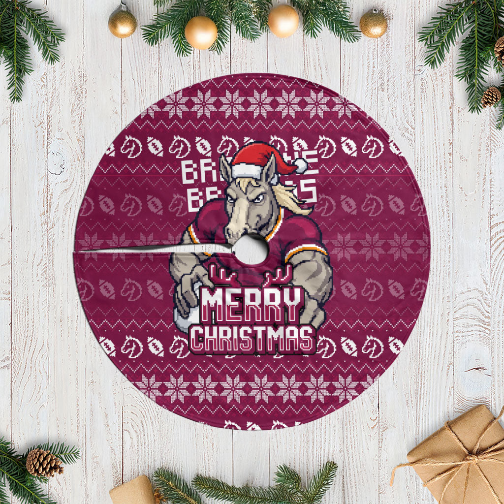 Brisbane Broncos Christmas Tree Skirt Australian Rugby Fans - Pixelated Ugly Xmas Pattern Mascot Santa
