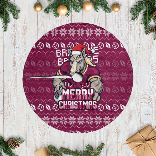 Brisbane Broncos Christmas Tree Skirt Australian Rugby Fans - Pixelated Ugly Xmas Pattern Mascot Santa