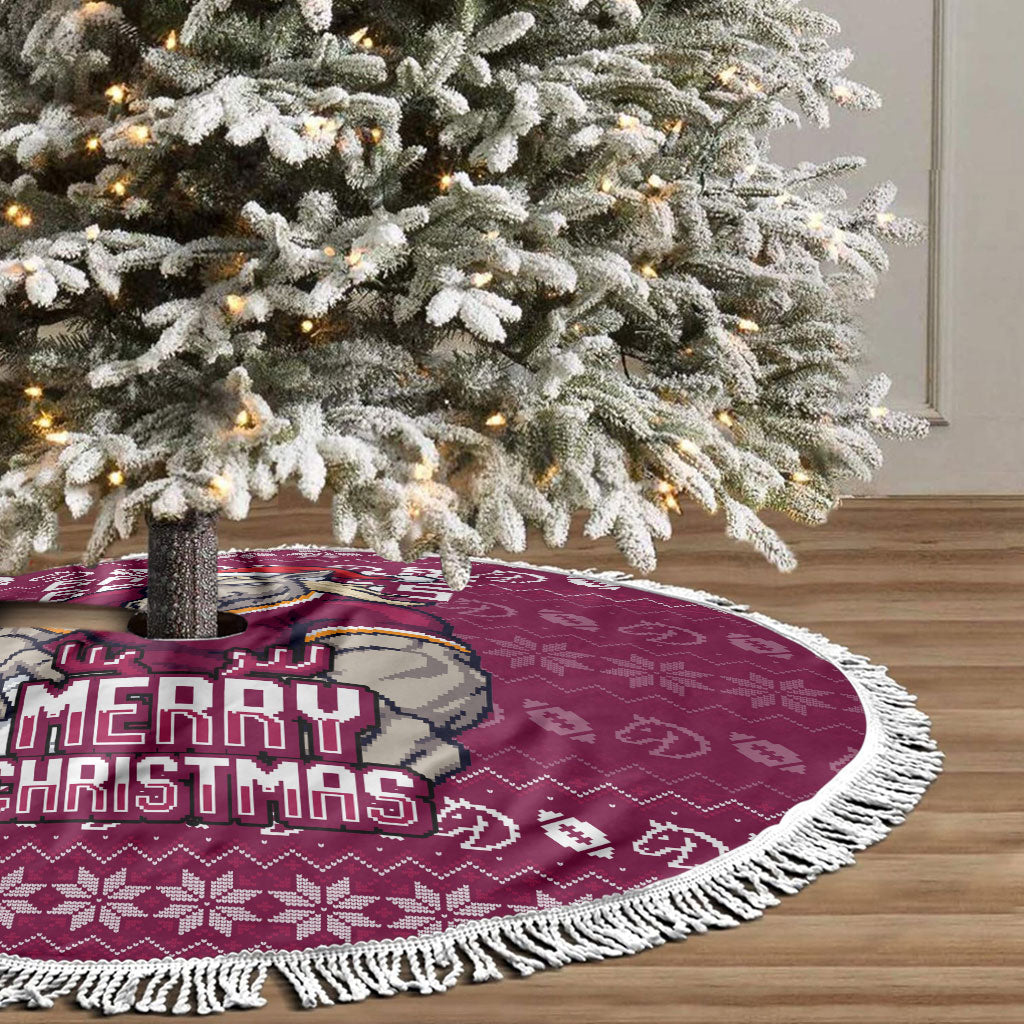 Brisbane Broncos Christmas Tree Skirt Australian Rugby Fans - Pixelated Ugly Xmas Pattern Mascot Santa