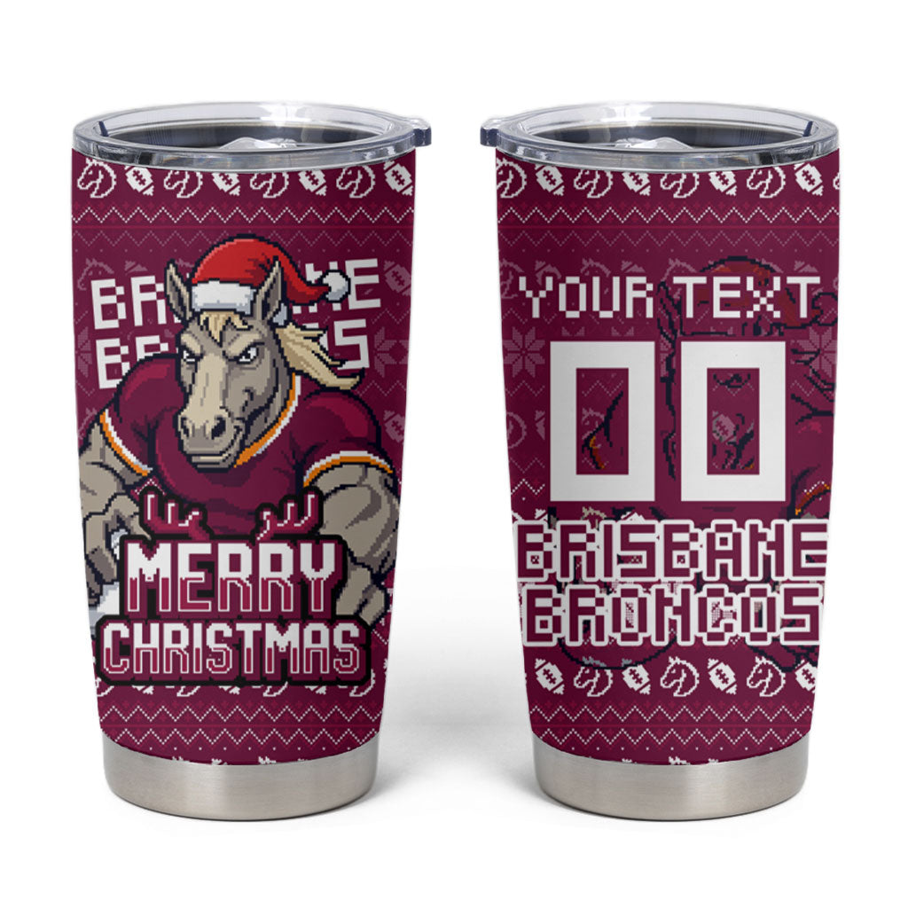 Personalized Brisbane Broncos Christmas Tumbler Cup Australian Rugby Fans - Pixelated Ugly Xmas Pattern Mascot Santa