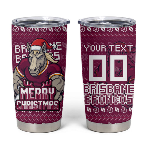 Personalized Brisbane Broncos Christmas Tumbler Cup Australian Rugby Fans - Pixelated Ugly Xmas Pattern Mascot Santa