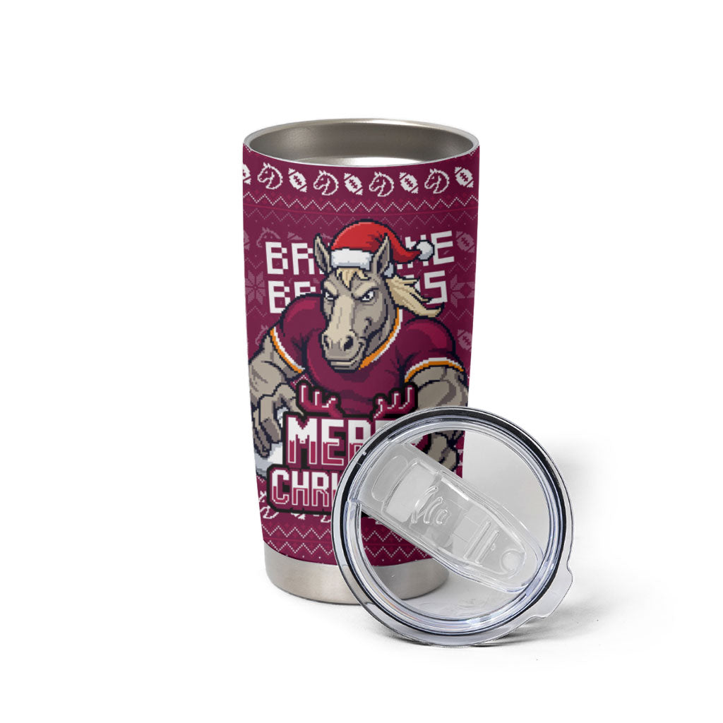 Personalized Brisbane Broncos Christmas Tumbler Cup Australian Rugby Fans - Pixelated Ugly Xmas Pattern Mascot Santa