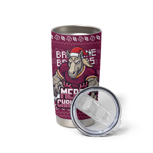 Personalized Brisbane Broncos Christmas Tumbler Cup Australian Rugby Fans - Pixelated Ugly Xmas Pattern Mascot Santa