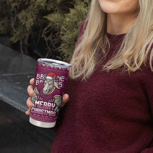 Personalized Brisbane Broncos Christmas Tumbler Cup Australian Rugby Fans - Pixelated Ugly Xmas Pattern Mascot Santa