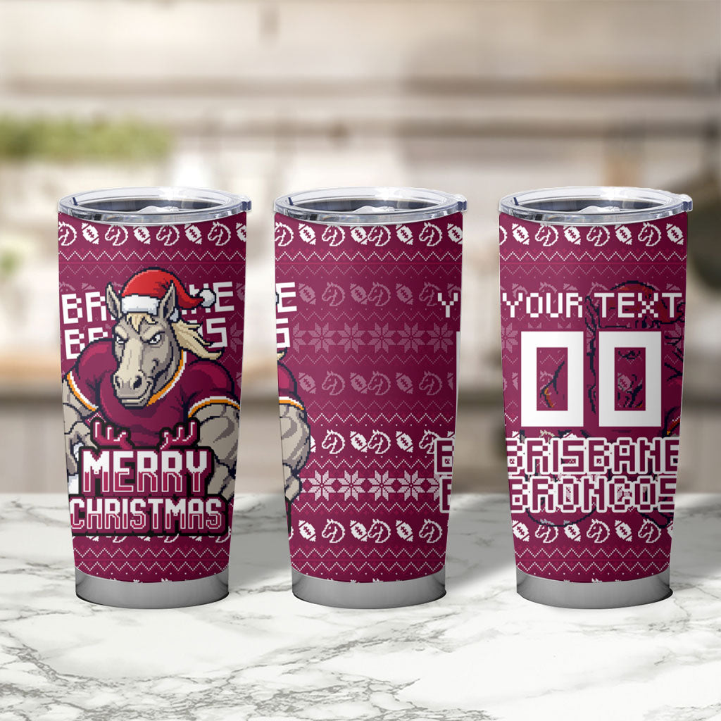 Personalized Brisbane Broncos Christmas Tumbler Cup Australian Rugby Fans - Pixelated Ugly Xmas Pattern Mascot Santa