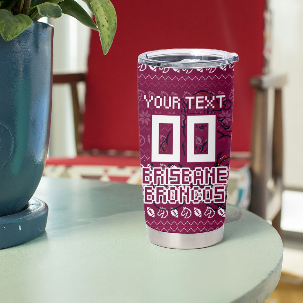 Personalized Brisbane Broncos Christmas Tumbler Cup Australian Rugby Fans - Pixelated Ugly Xmas Pattern Mascot Santa