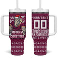Personalized Brisbane Broncos Christmas Tumbler With Handle Australian Rugby Fans - Pixelated Ugly Xmas Pattern Mascot Santa