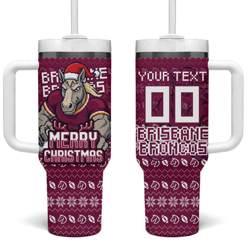 Personalized Brisbane Broncos Christmas Tumbler With Handle Australian Rugby Fans - Pixelated Ugly Xmas Pattern Mascot Santa