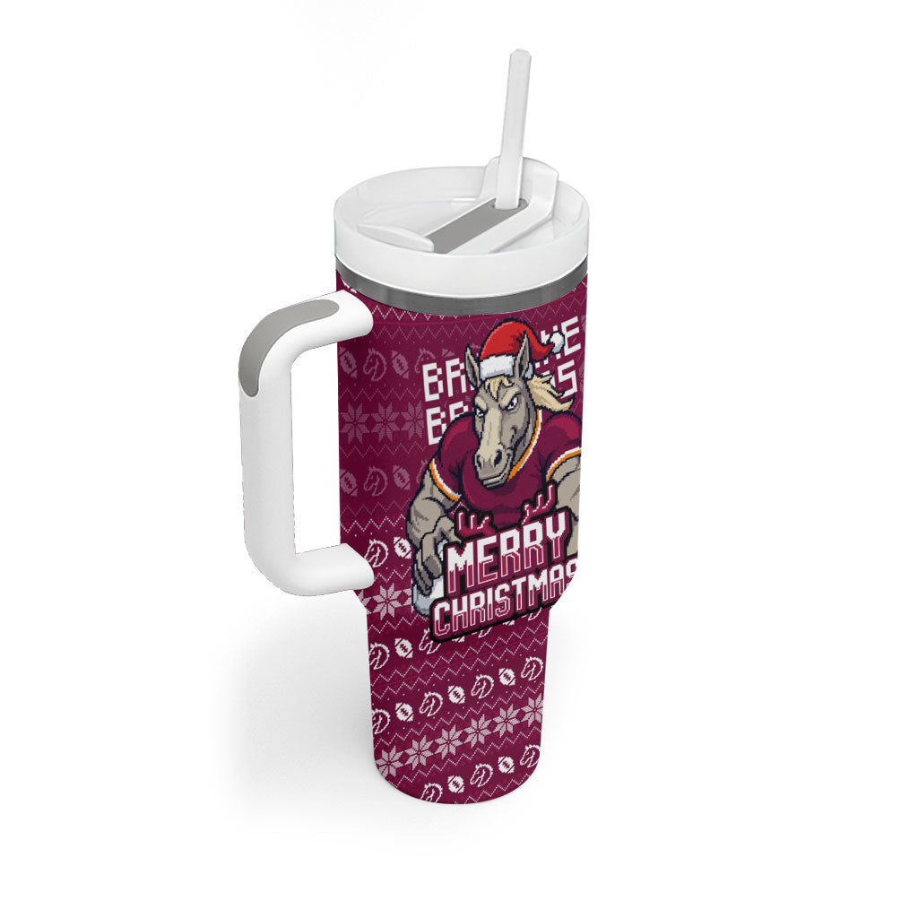 Personalized Brisbane Broncos Christmas Tumbler With Handle Australian Rugby Fans - Pixelated Ugly Xmas Pattern Mascot Santa