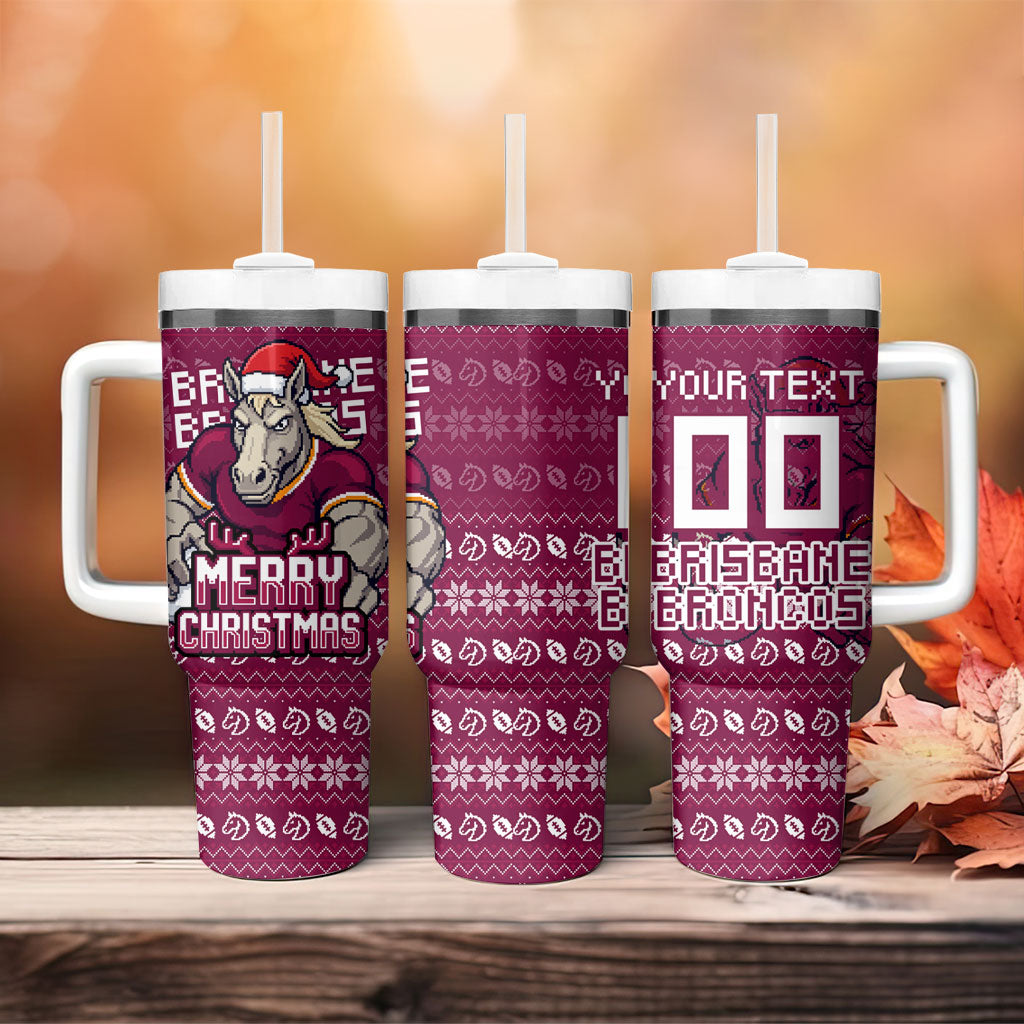 Personalized Brisbane Broncos Christmas Tumbler With Handle Australian Rugby Fans - Pixelated Ugly Xmas Pattern Mascot Santa