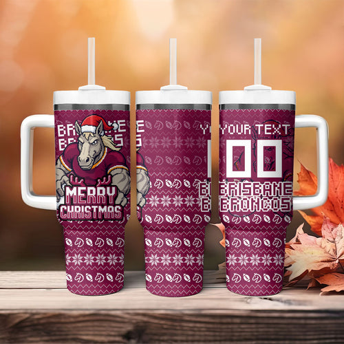Personalized Brisbane Broncos Christmas Tumbler With Handle Australian Rugby Fans - Pixelated Ugly Xmas Pattern Mascot Santa