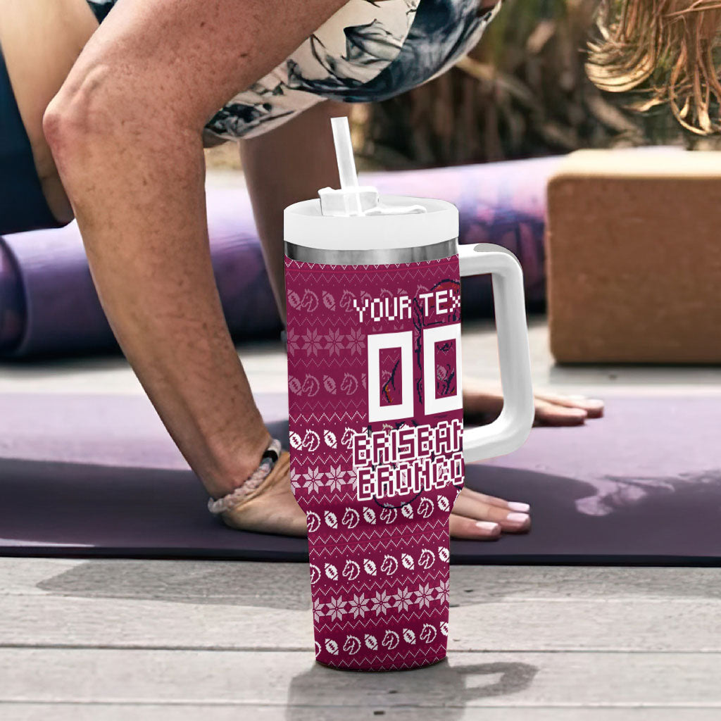 Personalized Brisbane Broncos Christmas Tumbler With Handle Australian Rugby Fans - Pixelated Ugly Xmas Pattern Mascot Santa