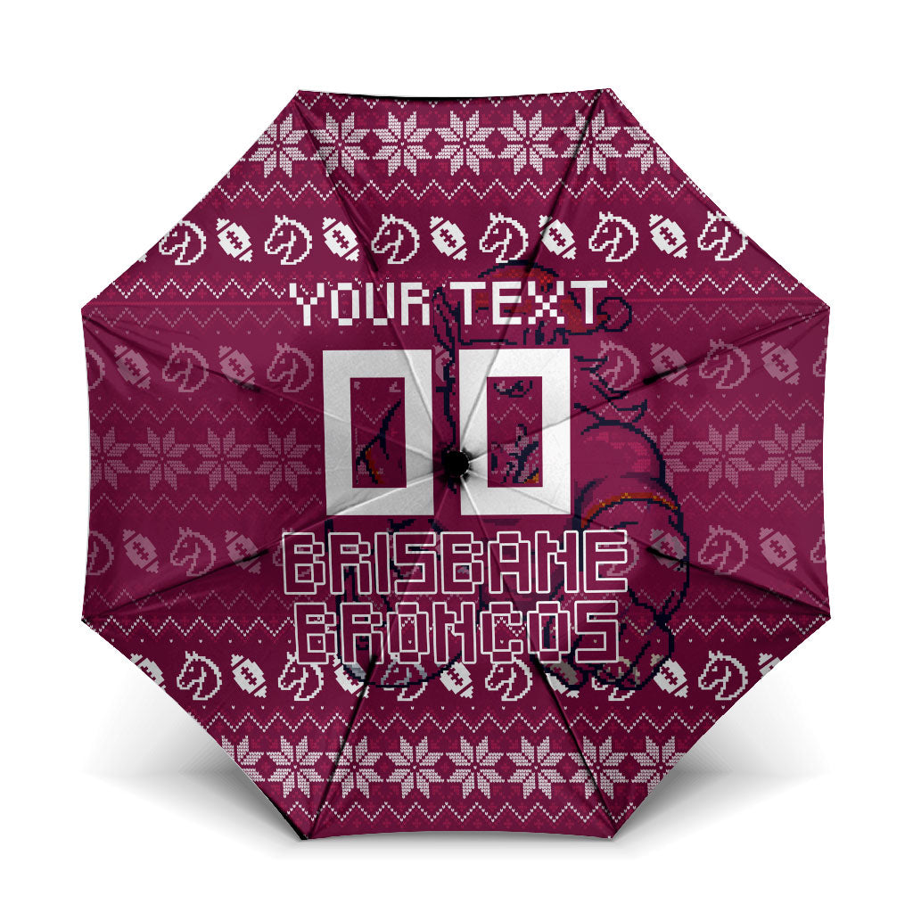 Personalized Brisbane Broncos Christmas Umbrella Australian Rugby Fans - Pixelated Ugly Xmas Pattern Mascot Santa
