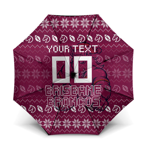 Personalized Brisbane Broncos Christmas Umbrella Australian Rugby Fans - Pixelated Ugly Xmas Pattern Mascot Santa