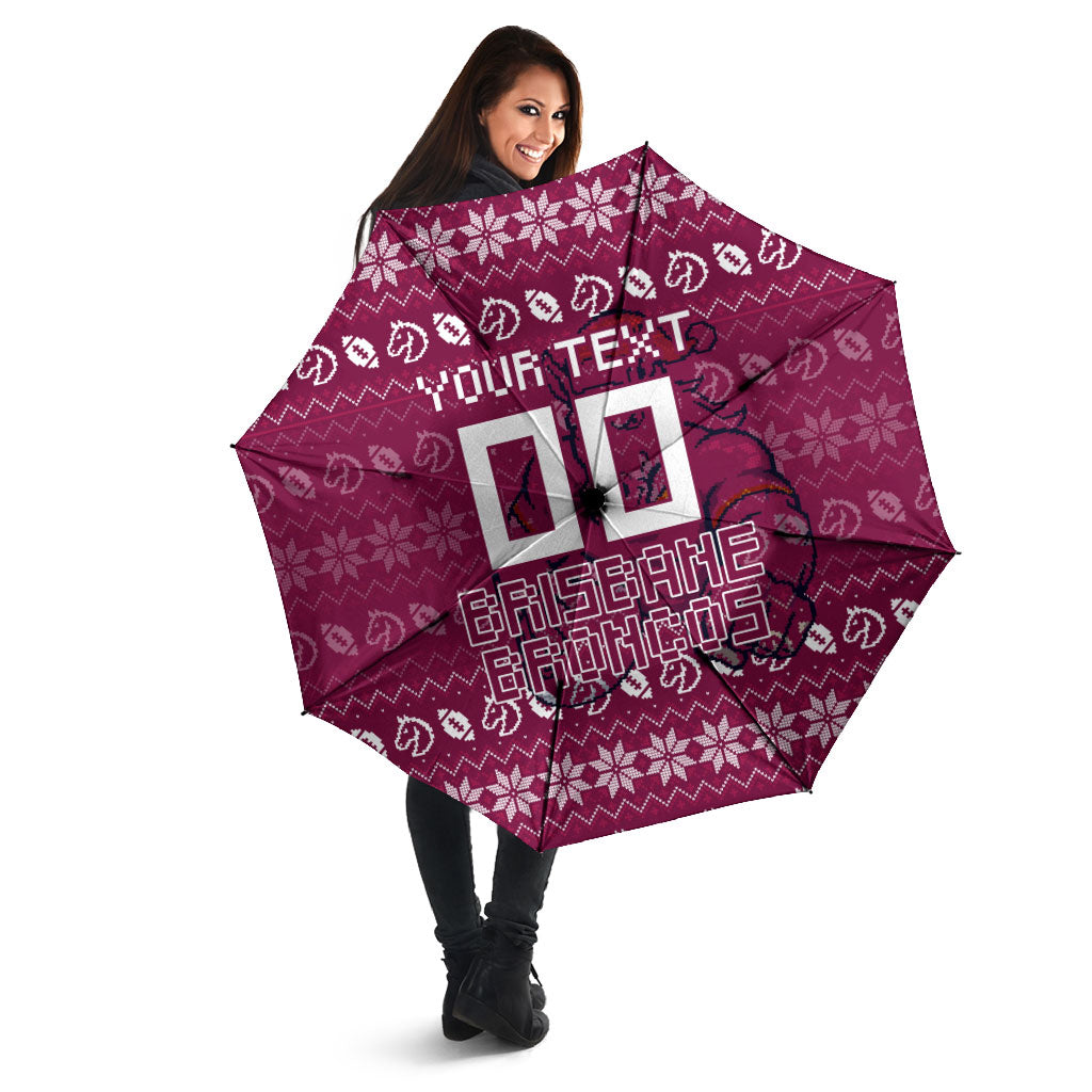 Personalized Brisbane Broncos Christmas Umbrella Australian Rugby Fans - Pixelated Ugly Xmas Pattern Mascot Santa