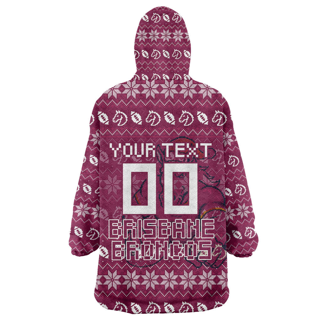 Personalized Brisbane Broncos Christmas Wearable Blanket Hoodie Australian Rugby Fans - Pixelated Ugly Xmas Pattern Mascot Santa