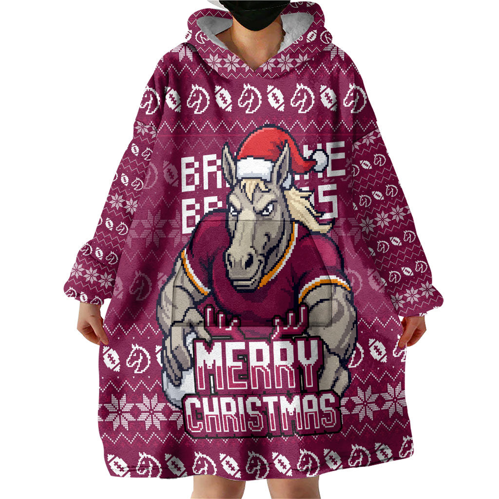 Personalized Brisbane Broncos Christmas Wearable Blanket Hoodie Australian Rugby Fans - Pixelated Ugly Xmas Pattern Mascot Santa
