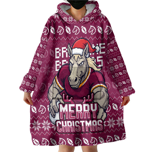 Personalized Brisbane Broncos Christmas Wearable Blanket Hoodie Australian Rugby Fans - Pixelated Ugly Xmas Pattern Mascot Santa