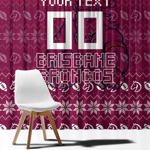 Personalized Brisbane Broncos Christmas Window Curtain Australian Rugby Fans - Pixelated Ugly Xmas Pattern Mascot Santa